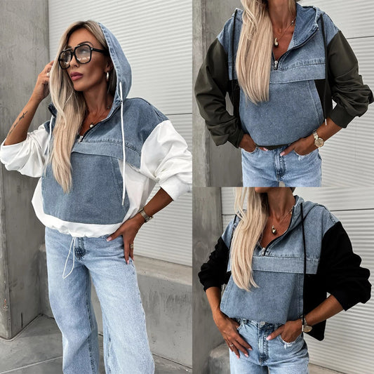 🔥Soldes D'automne 50%OFF🔥Denimjakke med hettegenser og løpesnor for dame