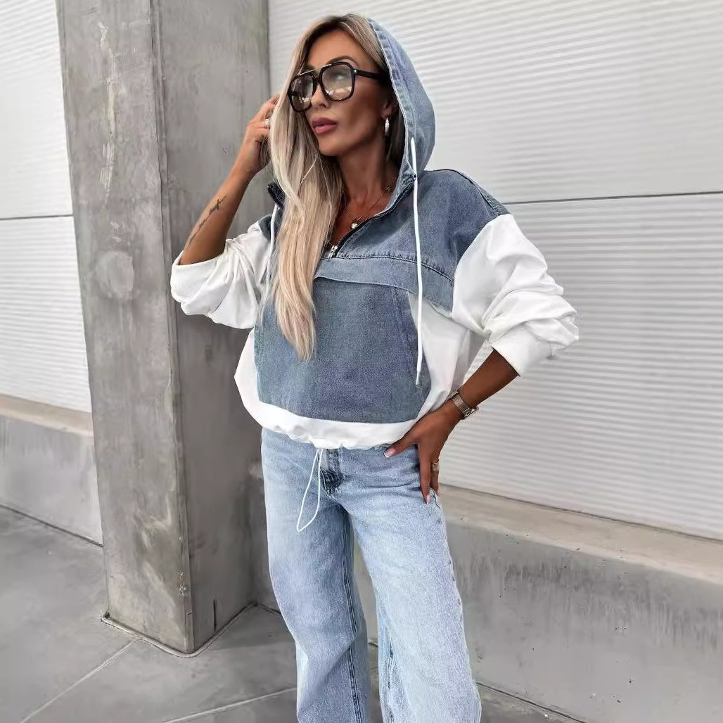 🔥Soldes D'automne 50%OFF🔥Denimjakke med hettegenser og løpesnor for dame