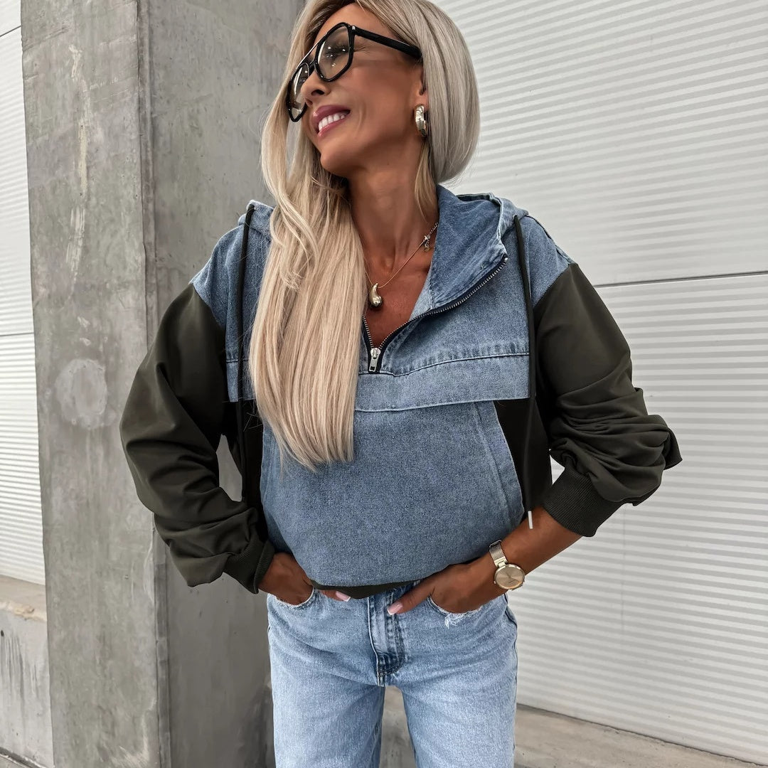 🔥Soldes D'automne 50%OFF🔥Denimjakke med hettegenser og løpesnor for dame