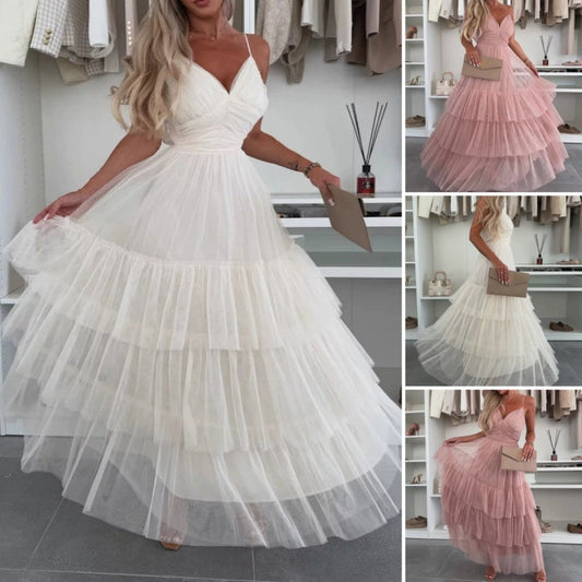 💖 Vente limitée -50% 💖 Robe longue élégante pour femme à bretelles spaghetti et tulle à volants
