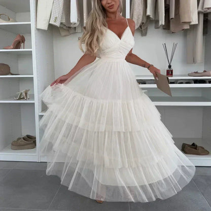 💖 Vente limitée -50% 💖 Robe longue élégante pour femme à bretelles spaghetti et tulle à volants