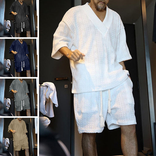 Ensemble Décontracté de Deux Pièces en Couleur Unie pour Hommes – T-shirt à Manches Courtes et Col en V & Short