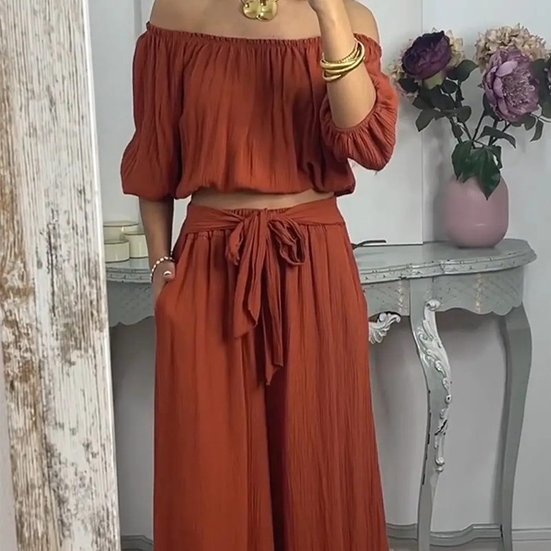 Ensemble 2 pièces haut et pantalon à épaules dénudées pour femme