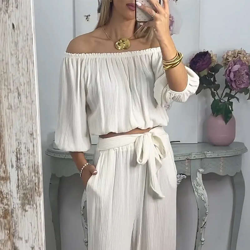 Ensemble 2 pièces haut et pantalon à épaules dénudées pour femme