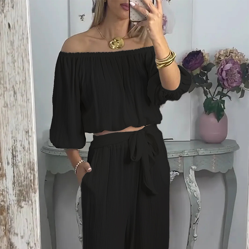 Ensemble 2 pièces haut et pantalon à épaules dénudées pour femme
