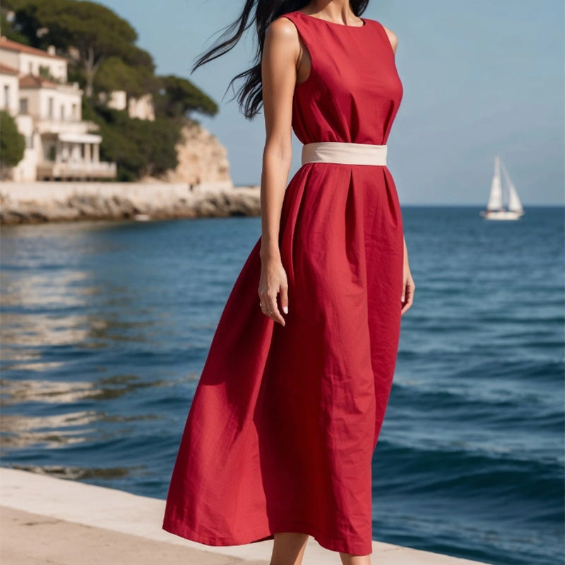 Robe longue élégante de couleur unie sans manches avec ceinture