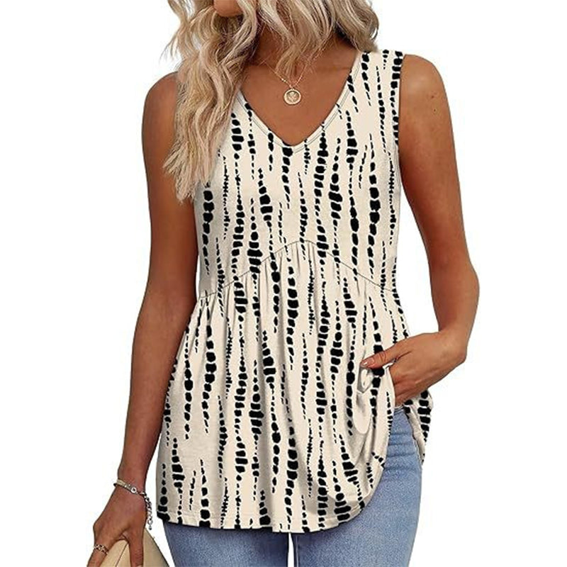 💜✨ DERNIER JOUR -50% ! Haut Femme sans Manches Col en V & Bas Bouffant – Imprimé, Tissu Polyester Léger, 6 Motifs, Taille S-2XL, Parfait pour Garden-Party & Quotidien 🌿
