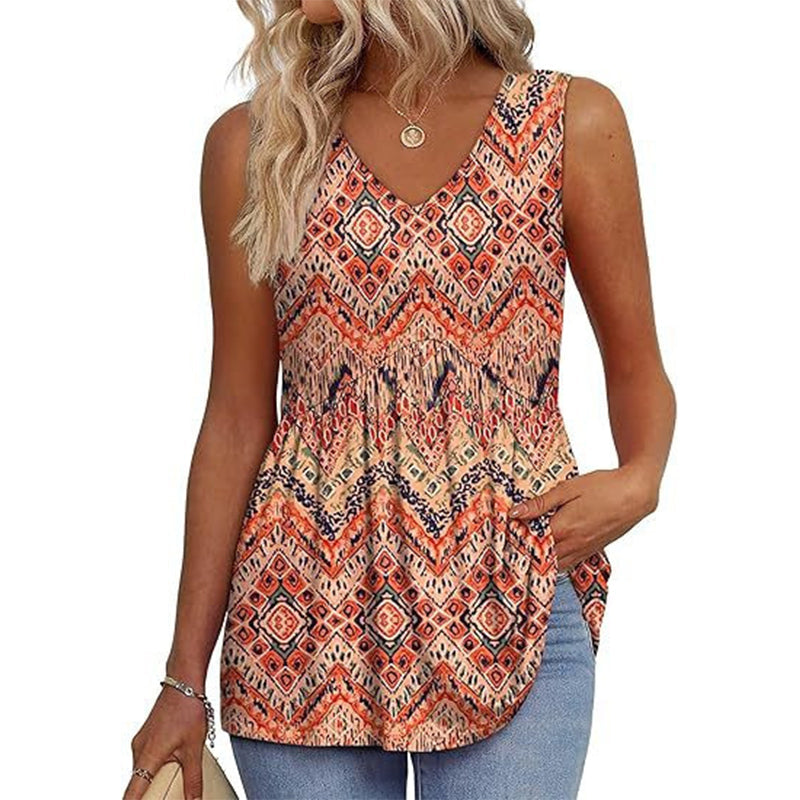 💜✨ DERNIER JOUR -50% ! Haut Femme sans Manches Col en V & Bas Bouffant – Imprimé, Tissu Polyester Léger, 6 Motifs, Taille S-2XL, Parfait pour Garden-Party & Quotidien 🌿