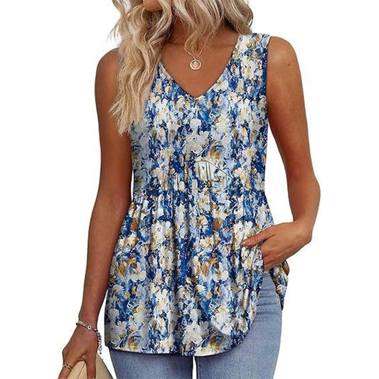 💜✨ DERNIER JOUR -50% ! Haut Femme sans Manches Col en V & Bas Bouffant – Imprimé, Tissu Polyester Léger, 6 Motifs, Taille S-2XL, Parfait pour Garden-Party & Quotidien 🌿