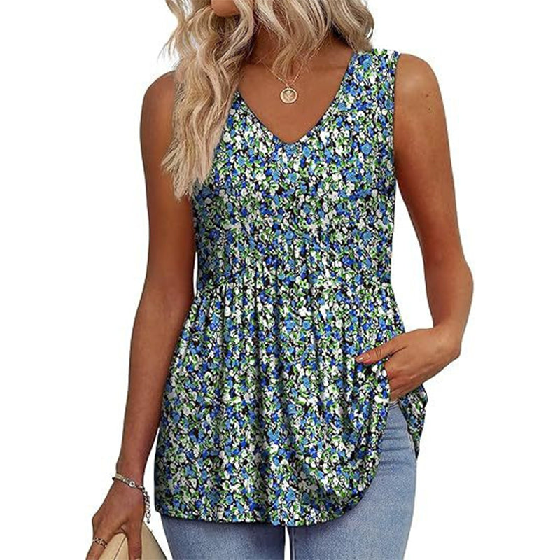 💜✨ DERNIER JOUR -50% ! Haut Femme sans Manches Col en V & Bas Bouffant – Imprimé, Tissu Polyester Léger, 6 Motifs, Taille S-2XL, Parfait pour Garden-Party & Quotidien 🌿