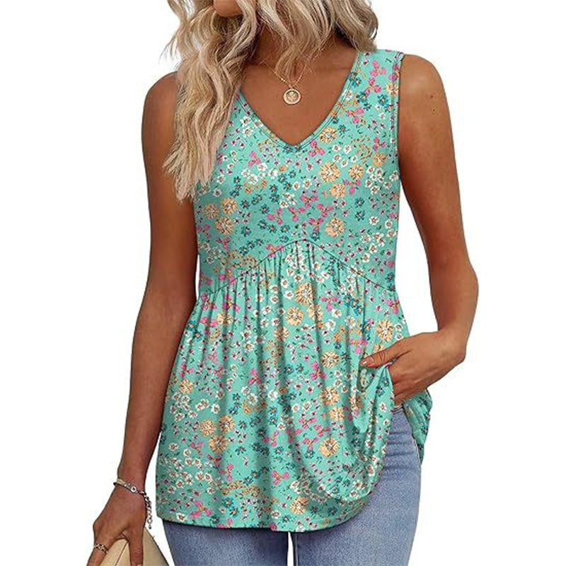 💜✨ DERNIER JOUR -50% ! Haut Femme sans Manches Col en V & Bas Bouffant – Imprimé, Tissu Polyester Léger, 6 Motifs, Taille S-2XL, Parfait pour Garden-Party & Quotidien 🌿
