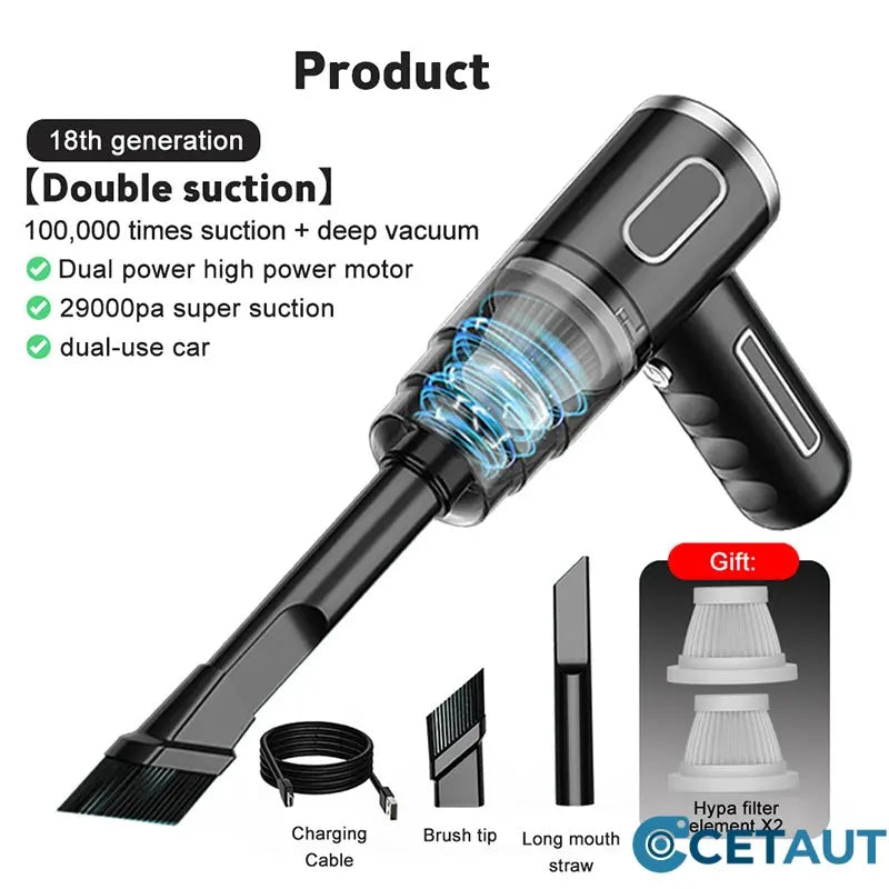 Aspirateur de Voiture Sans Fil 120W Ultra-Puissant - Aspirateur à Main Rechargeable avec Aspiration Cyclonique - Solution de Nettoyage Auto Ultra-Portable et Sans Effort