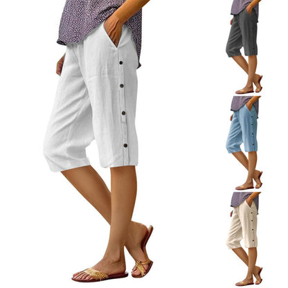 Pantalon Capri décontracté ample en coton et lin respirant pour femme