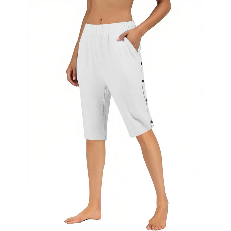 Pantalon Capri décontracté ample en coton et lin respirant pour femme