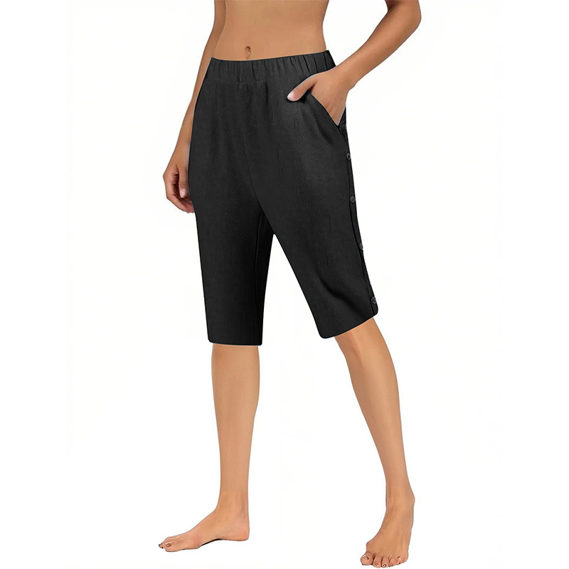 Pantalon Capri décontracté ample en coton et lin respirant pour femme