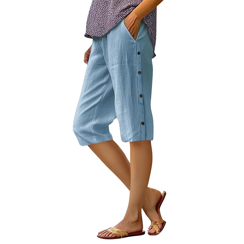 Pantalon Capri décontracté ample en coton et lin respirant pour femme