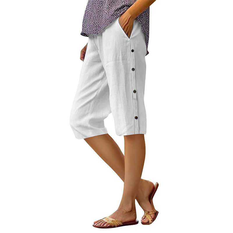 Pantalon Capri décontracté ample en coton et lin respirant pour femme