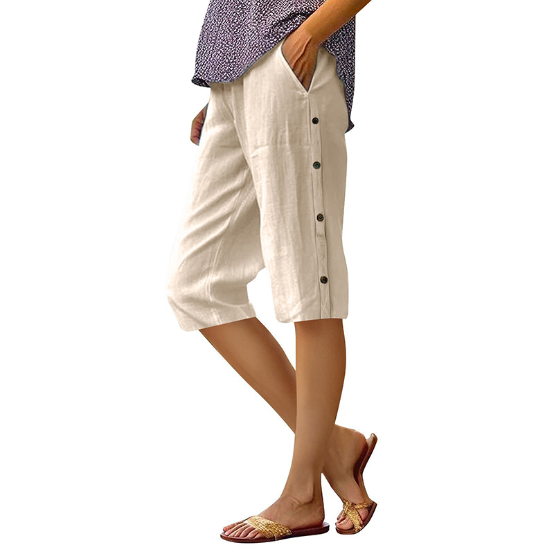 Pantalon Capri décontracté ample en coton et lin respirant pour femme