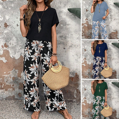 🏆SOLDES 50 % DE RÉDUCTION 🔥 Ensemble pour femme composé d'un pantalon large à imprimé floral et d'un haut à manches courtes