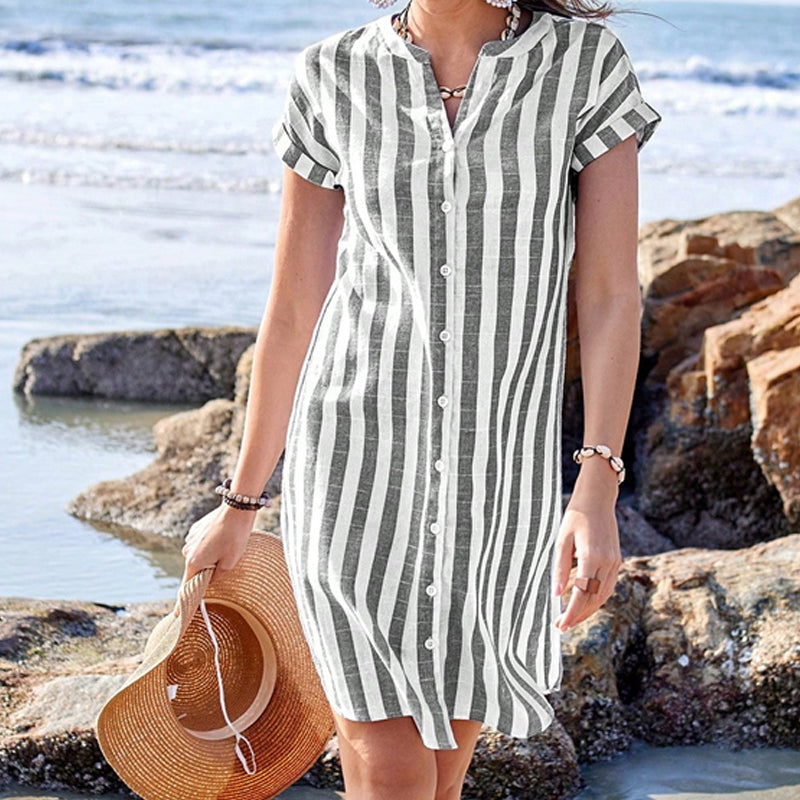 🌸✨Robe-chemise boutonnée rayée pour femme