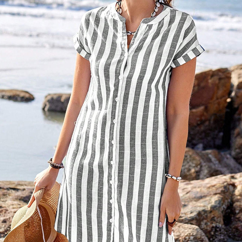 🌸✨Robe-chemise boutonnée rayée pour femme