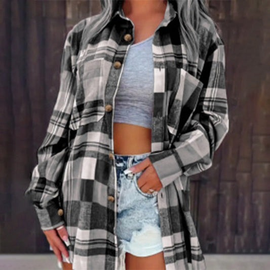Chemise à Carreaux Ample à Manches Longues pour Femme