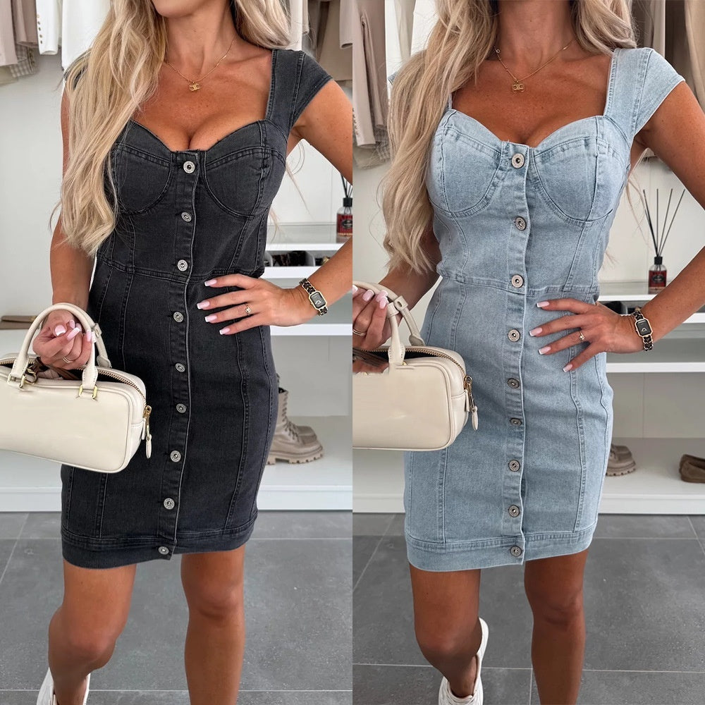 Robe en Jean Décontractée à Boutons pour Femme
