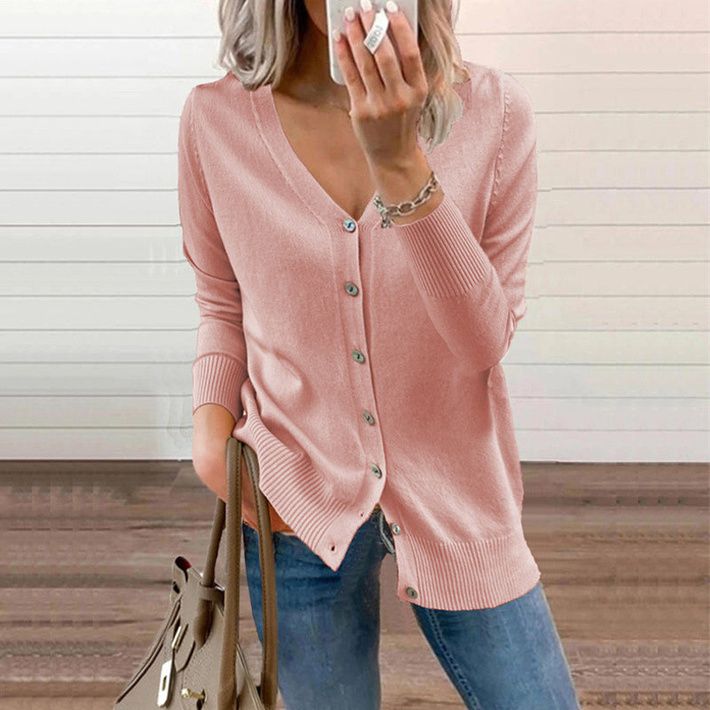 🔥Nouveautés d'automne - 49% de réduction🔥Haut en tricot unicolore avec boutons et col en V pour femmes