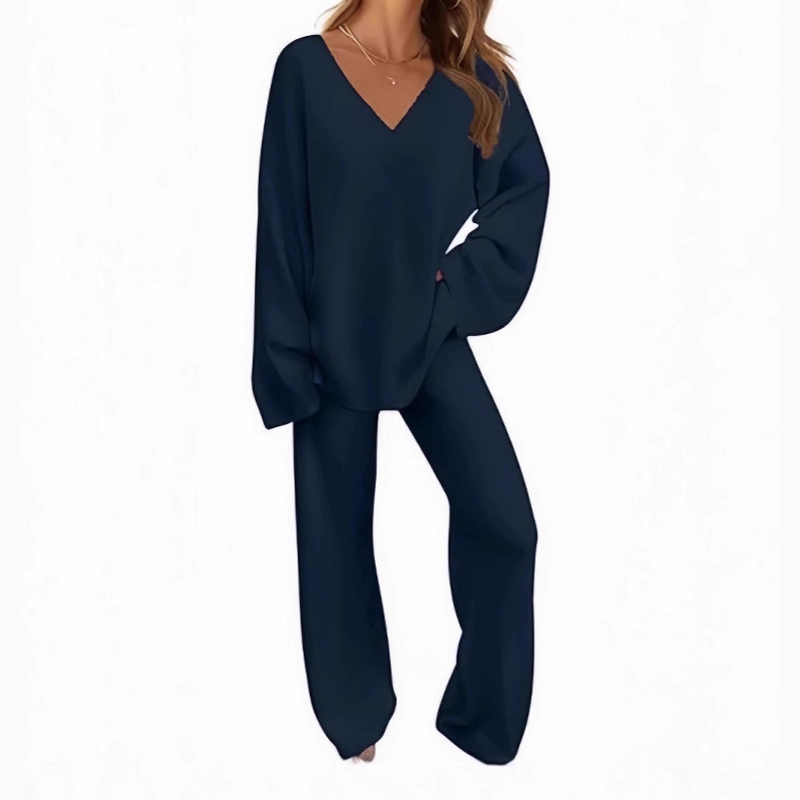 Ensemble pull à col en V et pantalon à manches longues pour femme
