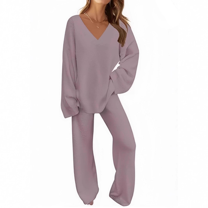 Ensemble pull à col en V et pantalon à manches longues pour femme