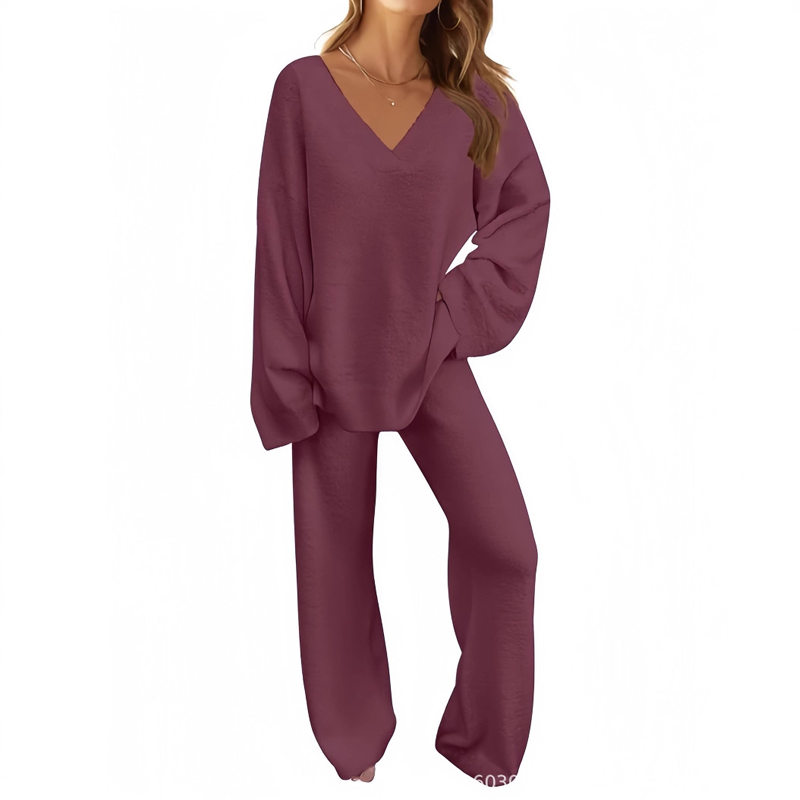 Ensemble pull à col en V et pantalon à manches longues pour femme