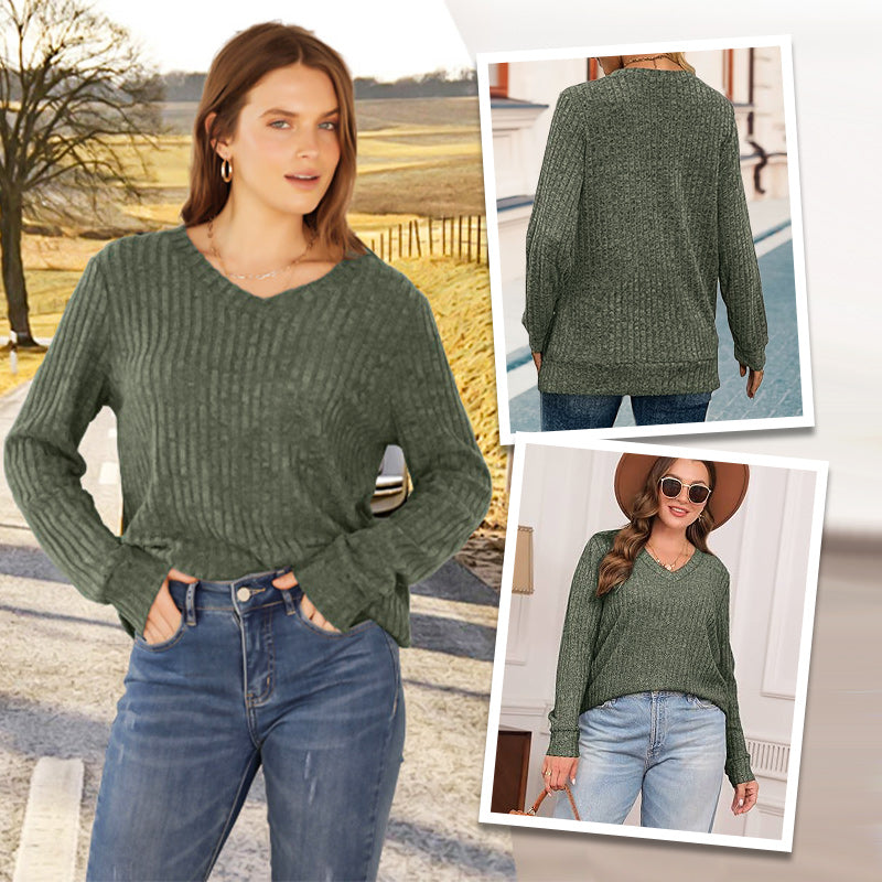 Pull Femme Col V à Manches Longues Uni
