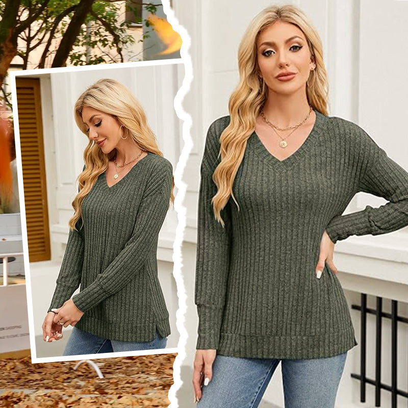 Pull Femme Col V à Manches Longues Uni