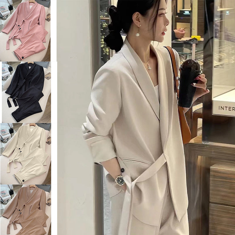 Ensemble 2 pièces formel pour femme : blazer noué sur le devant et pantalon à jambes larges