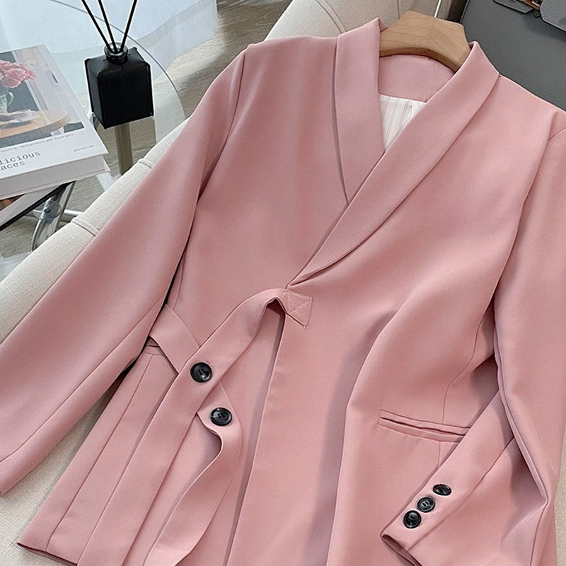 Ensemble 2 pièces formel pour femme : blazer noué sur le devant et pantalon à jambes larges