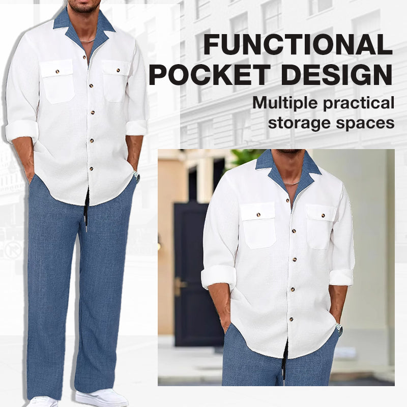 Chemise pour homme à manches longues et revers ＆ Pantalon Ensemble 2 pièces