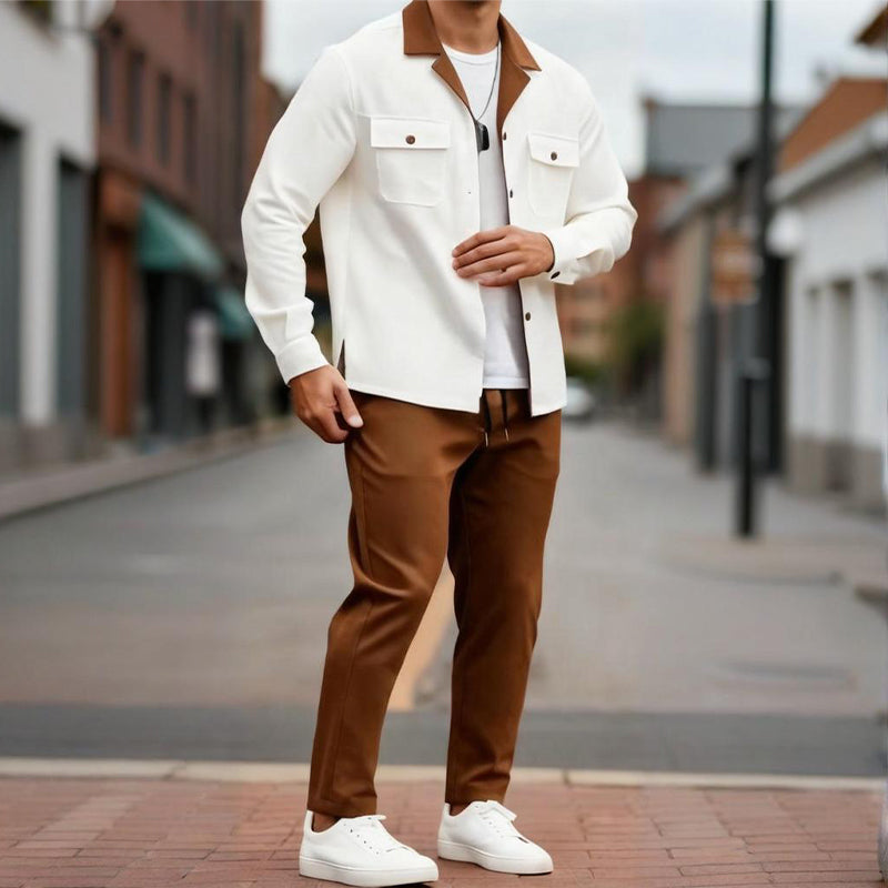 Chemise pour homme à manches longues et revers ＆ Pantalon Ensemble 2 pièces