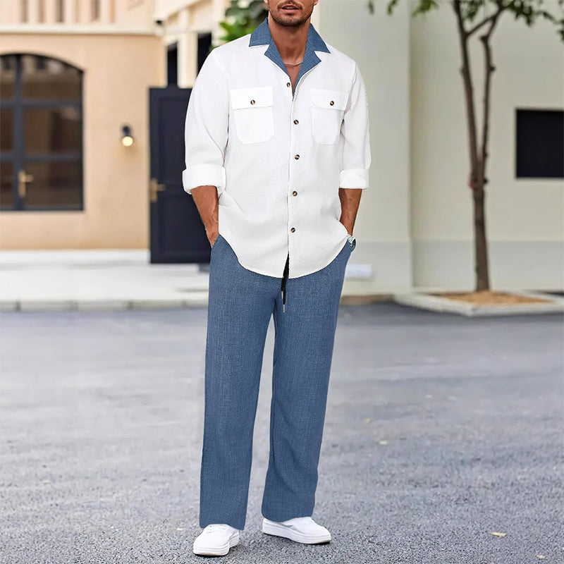 Chemise pour homme à manches longues et revers ＆ Pantalon Ensemble 2 pièces