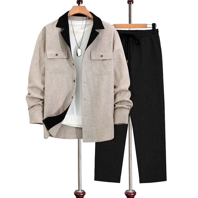 Chemise pour homme à manches longues et revers ＆ Pantalon Ensemble 2 pièces
