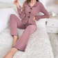 🔥Prix le plus bas pour une durée limitée⚡ Ensemble pyjama femme en maille côtelée avec col à revers & nœuds.