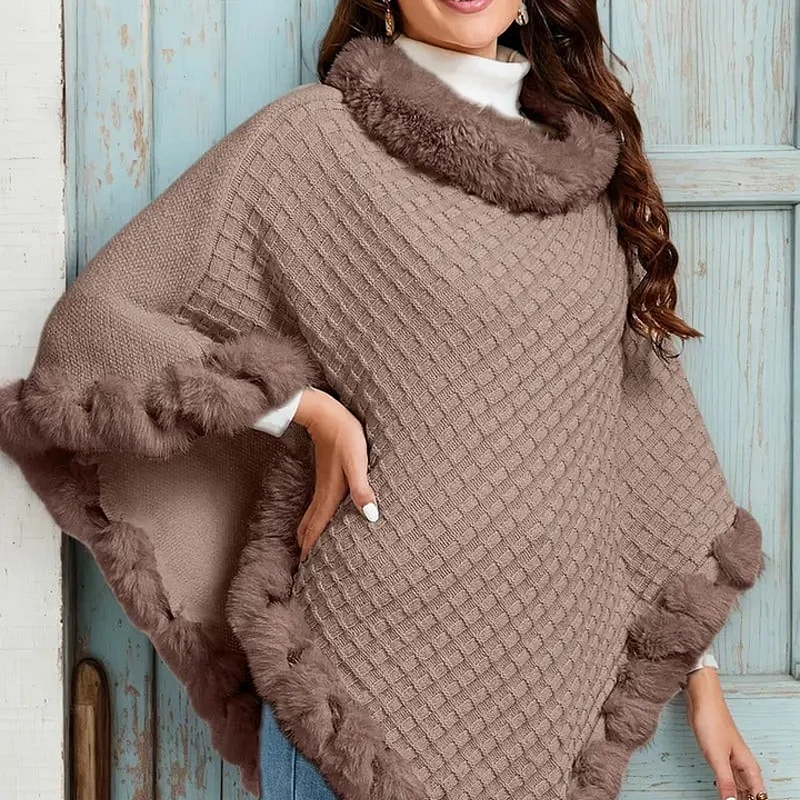 Châle chic ultra-chaud en tricot avec bordure en fausse fourrure pour femme