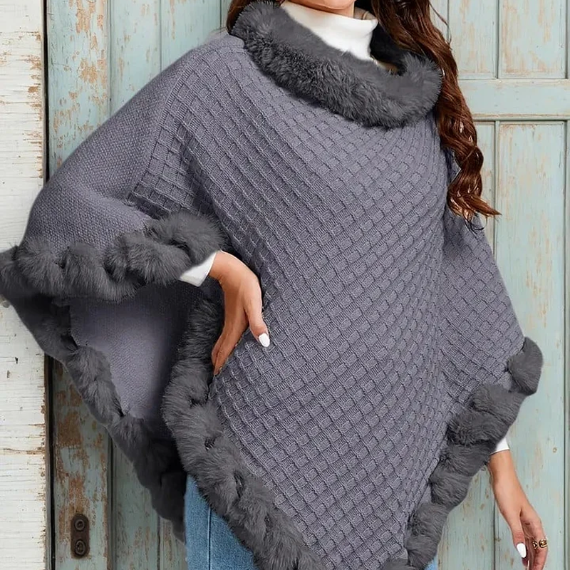 Châle chic ultra-chaud en tricot avec bordure en fausse fourrure pour femme