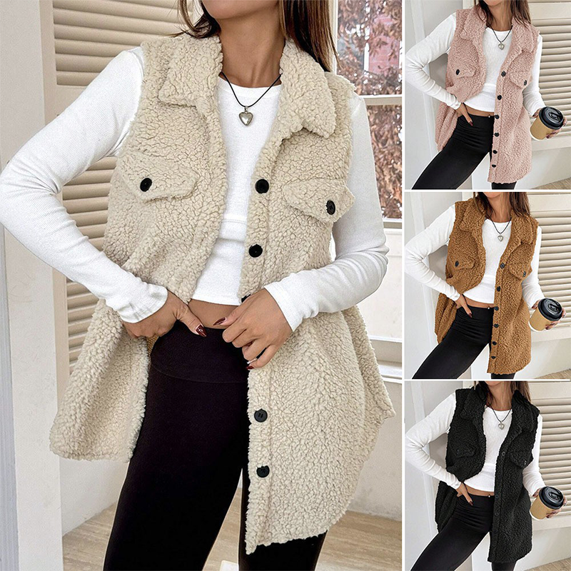 Gilet long à col boutonné chaud et douillet pour femmes