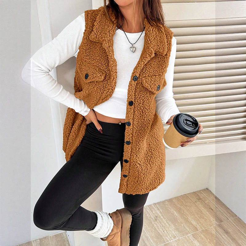 Gilet long à col boutonné chaud et douillet pour femmes
