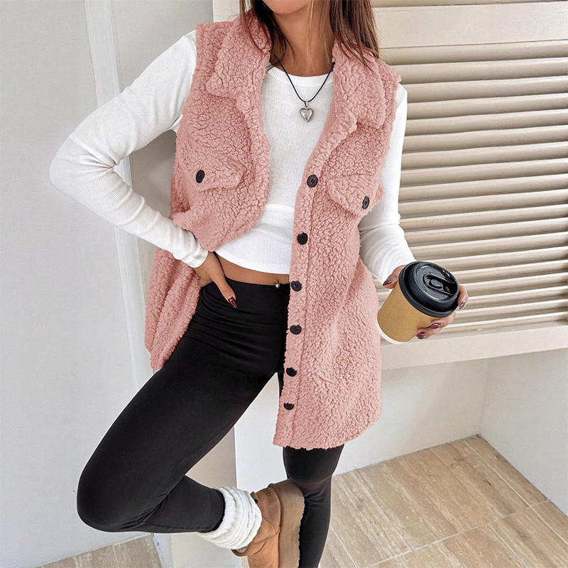 Gilet long à col boutonné chaud et douillet pour femmes