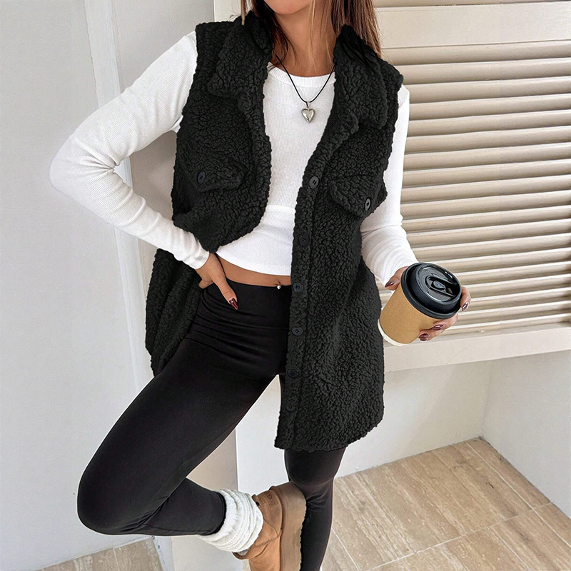 Gilet long à col boutonné chaud et douillet pour femmes