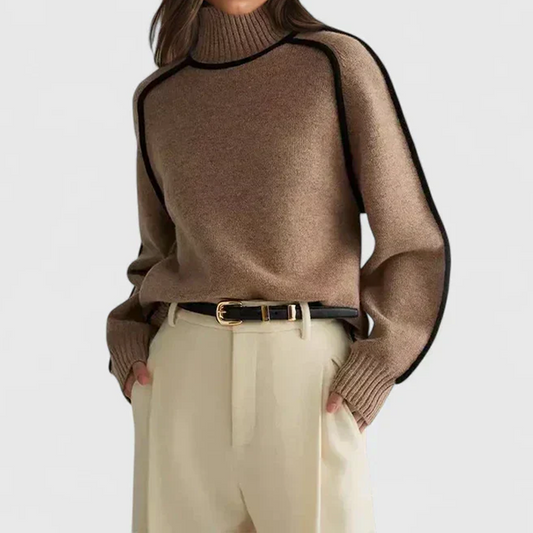 Pull à col roulé contrasté en maille côtelée pour femme