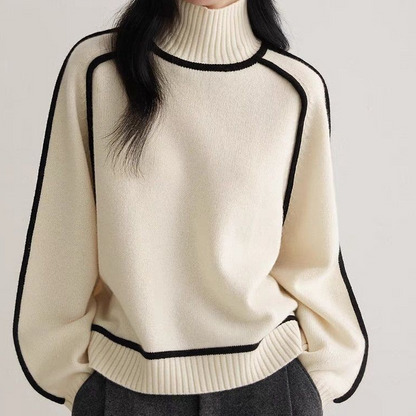 Pull à col roulé contrasté en maille côtelée pour femme