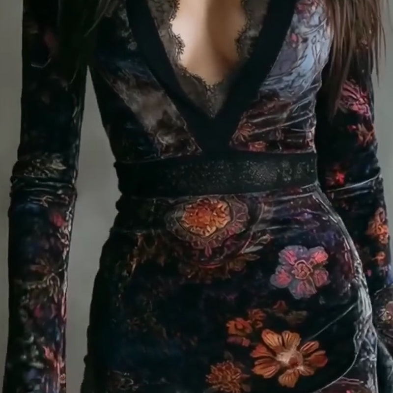 Robe moulante vintage en velours à imprimé floral