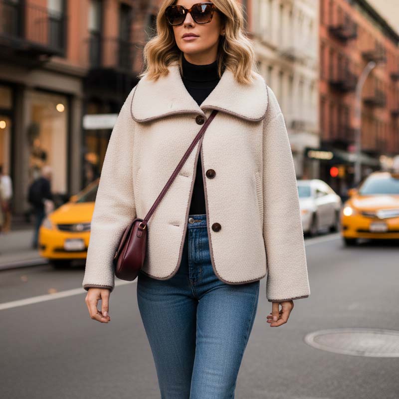 Veste à revers texturée et boutons pour femme